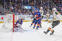New York Islanders goaltender Ilya Sorokin (30) watches the puck go through the net after a goa ...