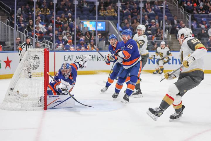 New York Islanders goaltender Ilya Sorokin (30) watches the puck go through the net after a goa ...