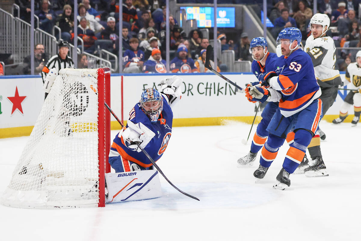 New York Islanders goaltender Ilya Sorokin (30) watches the puck go through the net after a goa ...