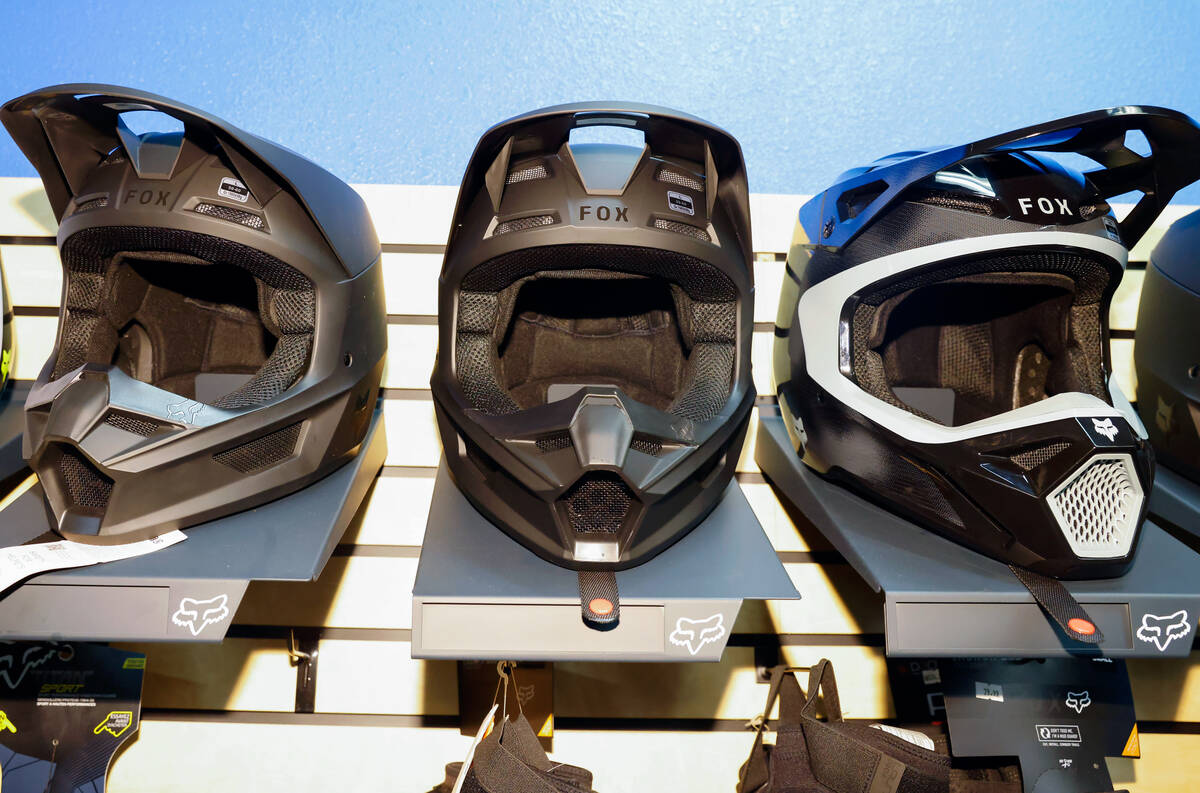 Helmets are displayed at WheelZen Rides on Thursday, Dec. 11, 2025, in Las Vegas. (Bizuayehu Te ...