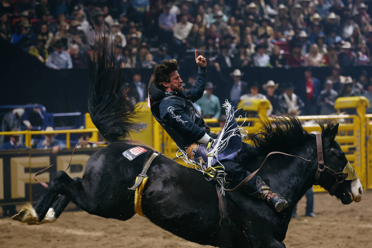Tilden Hooper rides Ranch & Crow Interiors in the bareback riding event during the seventh ...