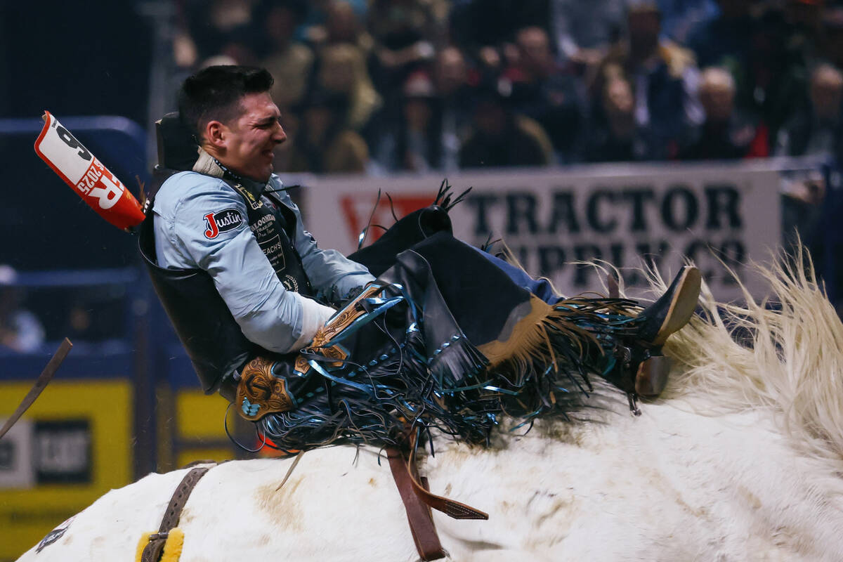 Jess Pope rides Priefert’s Fox Hole Gunner in the bareback riding event during the seven ...