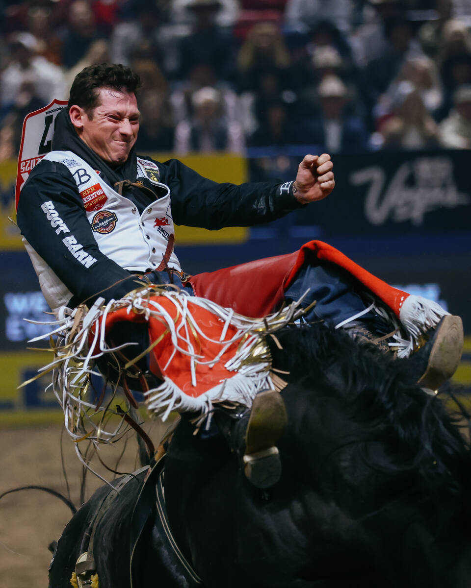 Kade Sonnier rides Empty Promises in the bareback riding event during the seventh go-round of t ...