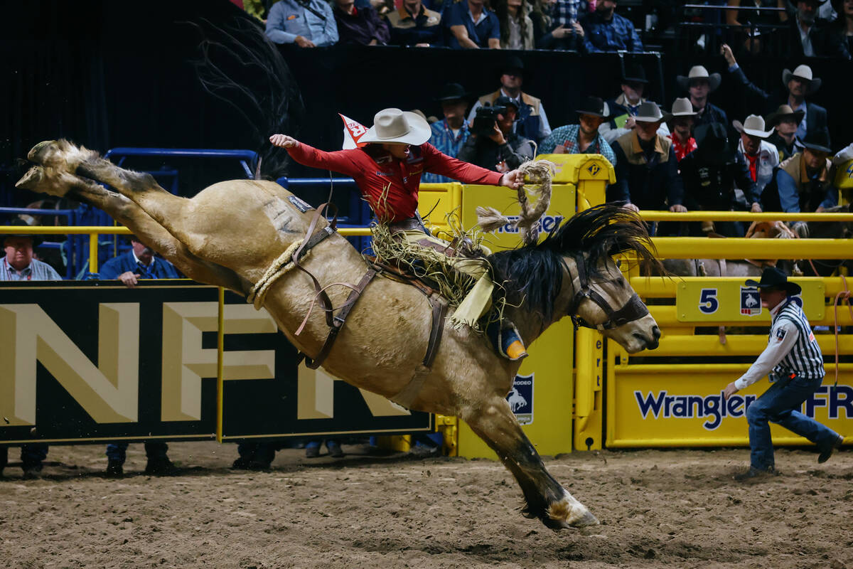 Q Taylor rides Breezy Fling in the saddle bronc riding event during the seventh go-round of th ...