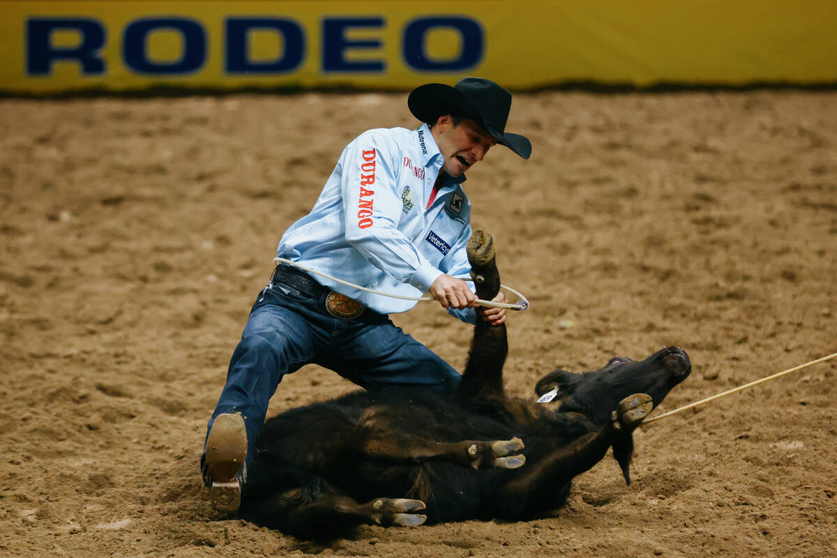 Shane Hanchey competes in the tie down roping event during the seventh go-round of the National ...