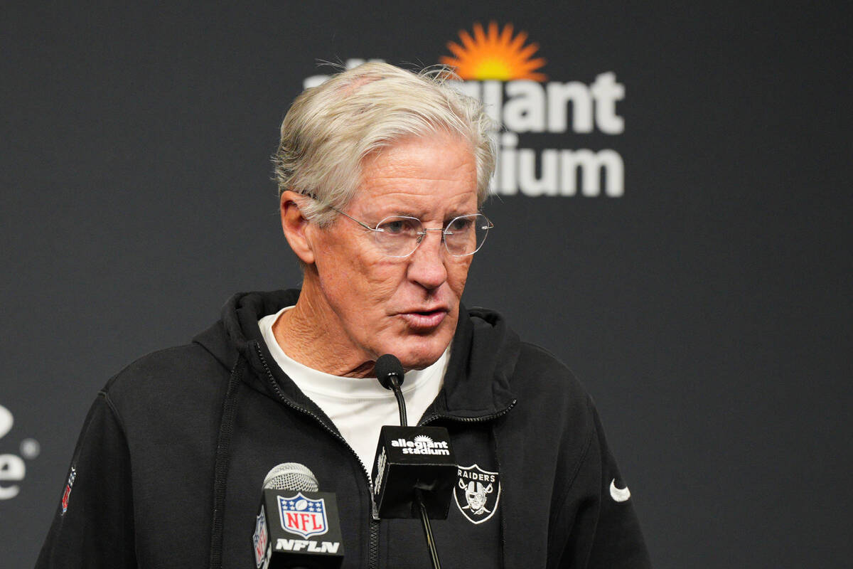 Las Vegas Raiders head coach Pete Carroll speaks at a news conference after an NFL football gam ...