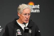 Las Vegas Raiders head coach Pete Carroll speaks at a news conference after an NFL football gam ...