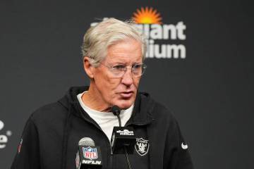 Las Vegas Raiders head coach Pete Carroll speaks at a news conference after an NFL football gam ...