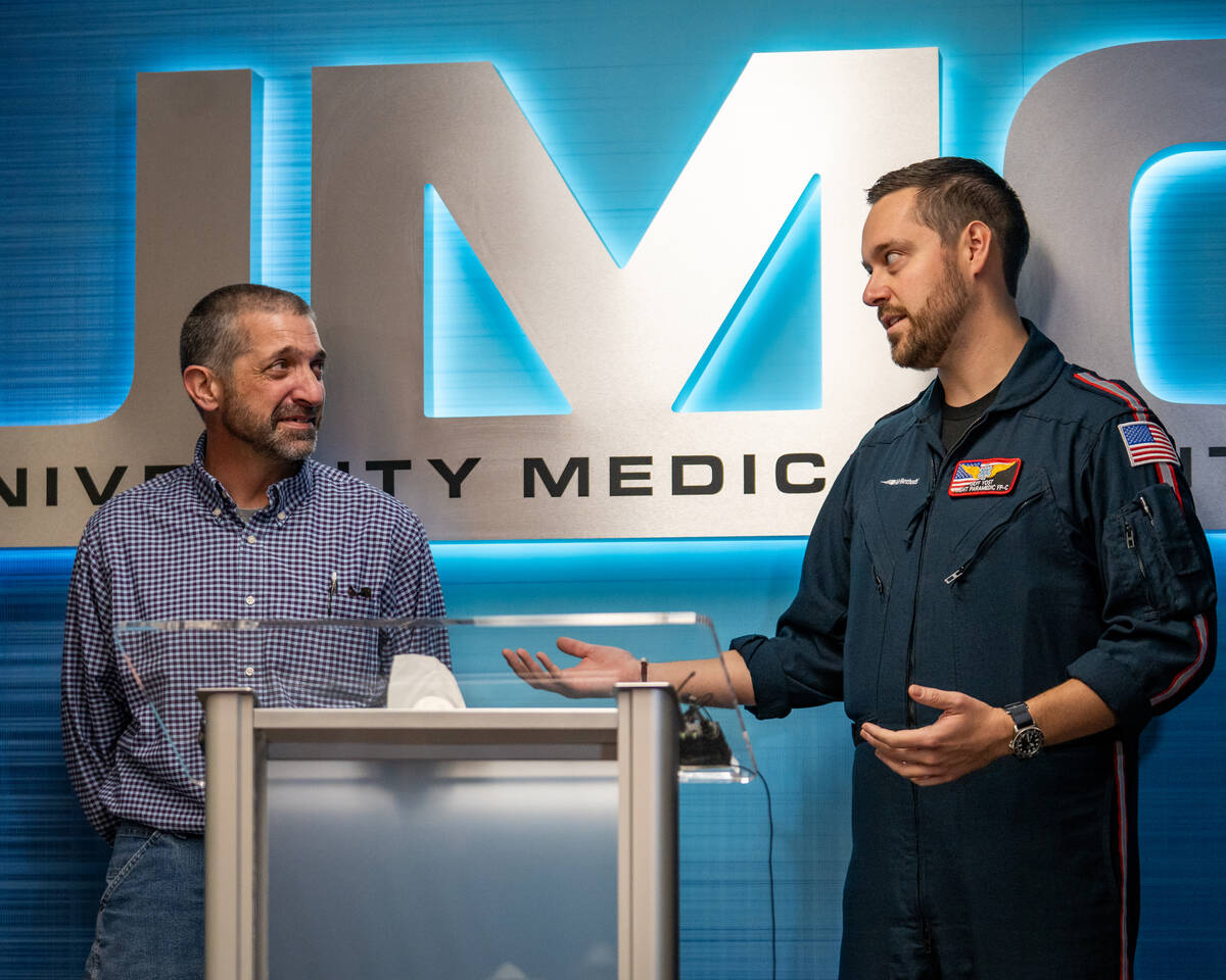 Helicopter paramedic Jeff Yost speaks about caring for Carmen Losito at UMC Trauma Center in La ...