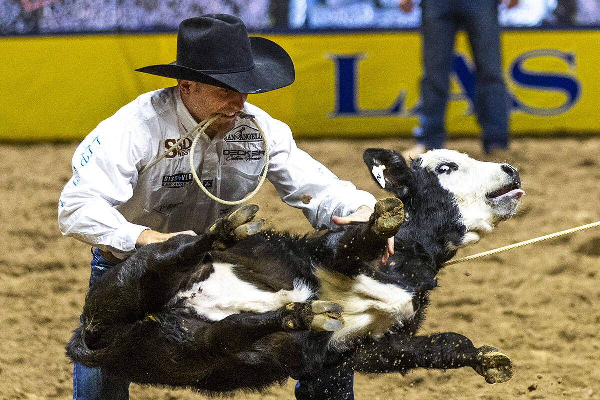Joel Harris upends his calf on the way to a winning time in Tie-Down Roping during Day 6 of Nat ...