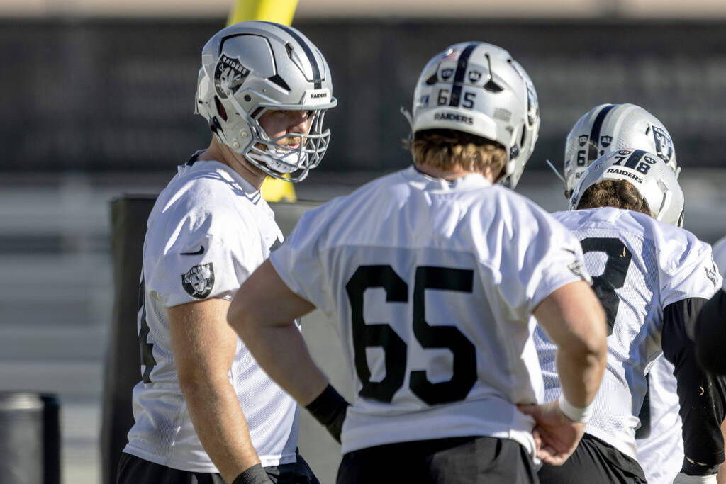 Raiders offensive tackle Kolton Miller (74) and offensive lineman Alex Cappa (65) talk during t ...