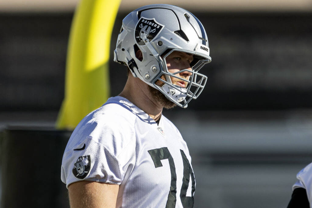 Raiders offensive tackle Kolton Miller (74) looks on during the team’s practice at the I ...