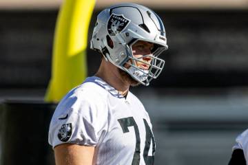 Raiders offensive tackle Kolton Miller (74) looks on during the team’s practice at the I ...