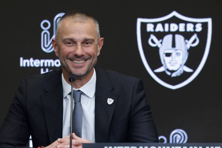 John Spytek speaks after being introduced as the new Raiders general manager during a press con ...