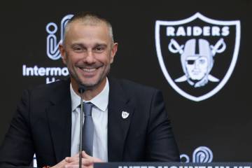 John Spytek speaks after being introduced as the new Raiders general manager during a press con ...