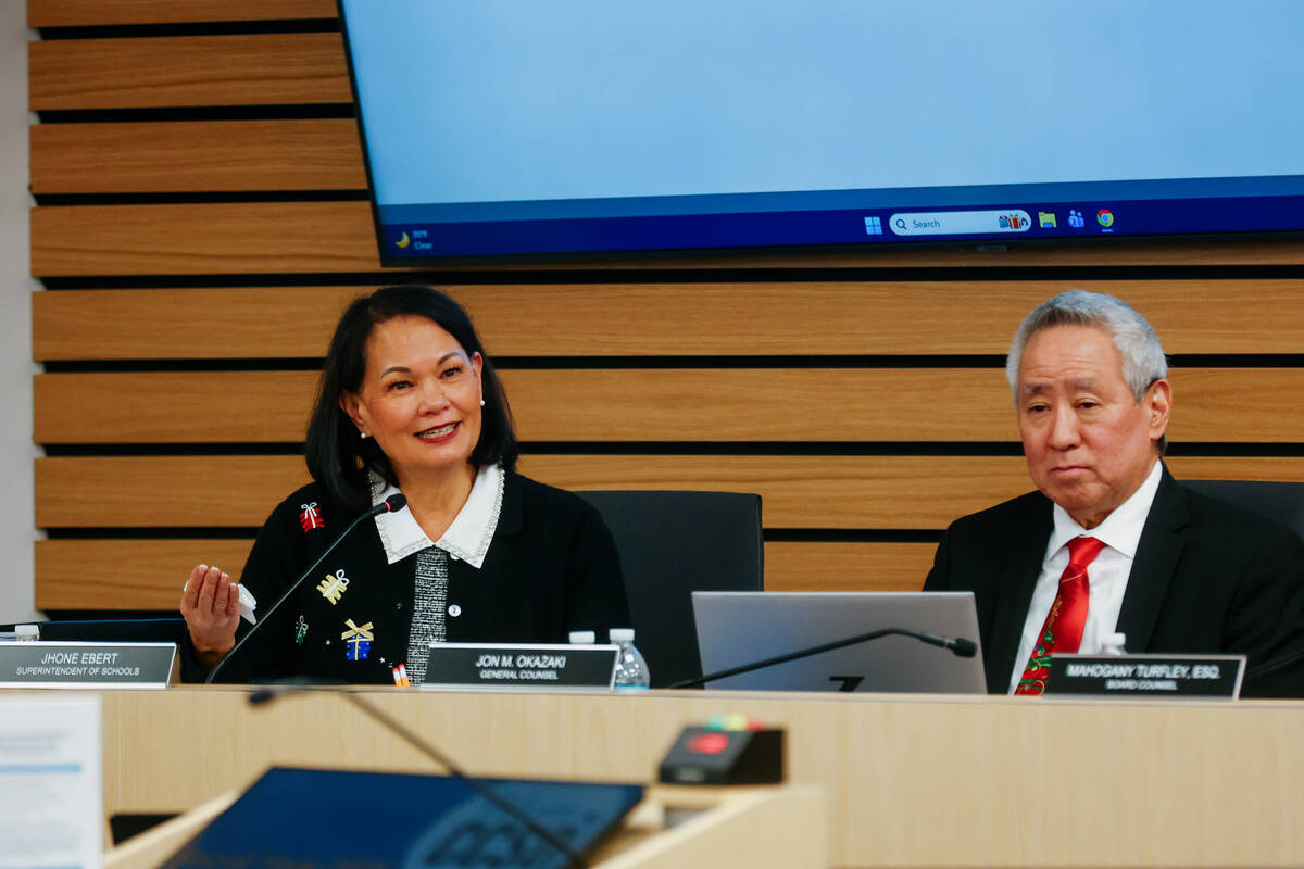 Superintendent Jhone Ebert speaks during the last Clark County School Board meeting of the year ...