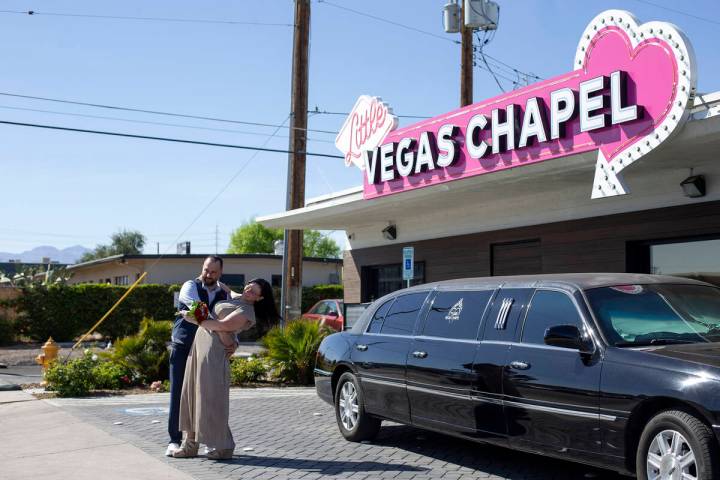 TJ Lehberger and Kendra Swy, of Michigan are photographed after their wedding at the Little Veg ...