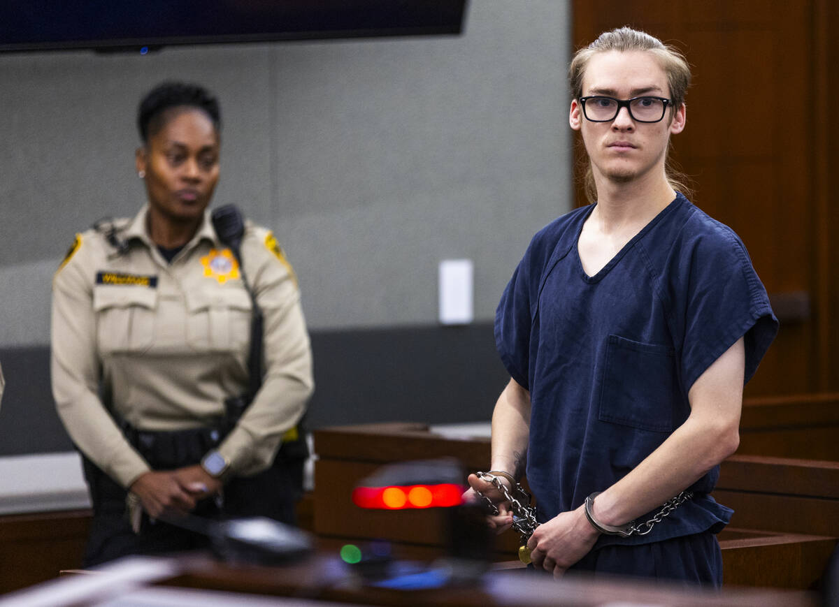 Tyler Johns stands and looks to the gallery during an initial arraignment before Judge Tierra J ...