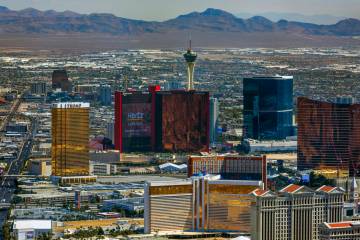 The Las Vegas Strip skyline is seen from the Goodyear blimp on Wednesday, April 16, 2025. (L.E ...