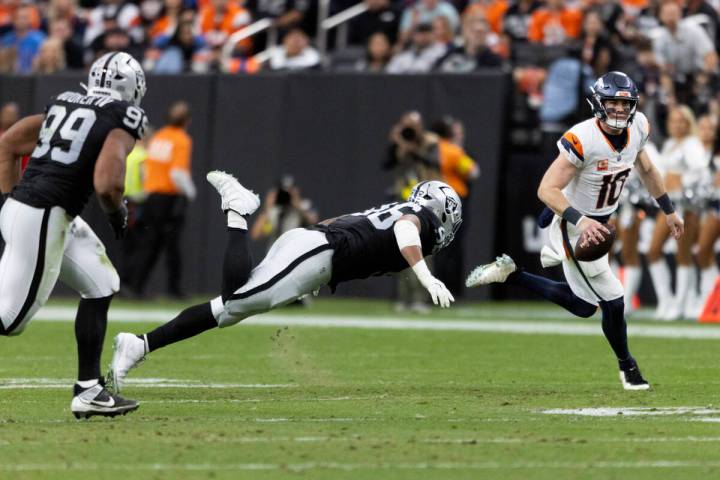 Raiders defensive tackle Jonah Laulu (96) lauches himself towards Denver Broncos quarterback Bo ...