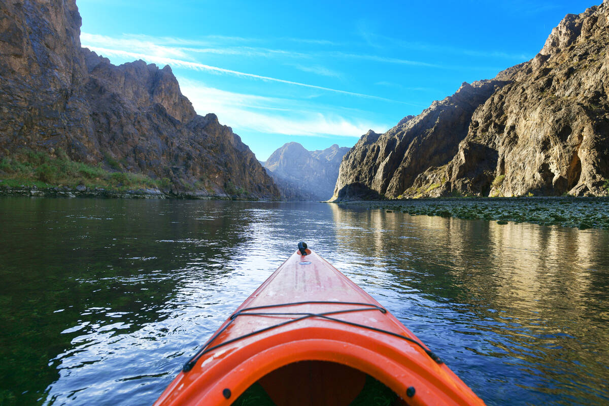 A kayak travels downstream on the Colorado River south of Hoover Dam on Oct. 19, 2025. (Sam Mor ...