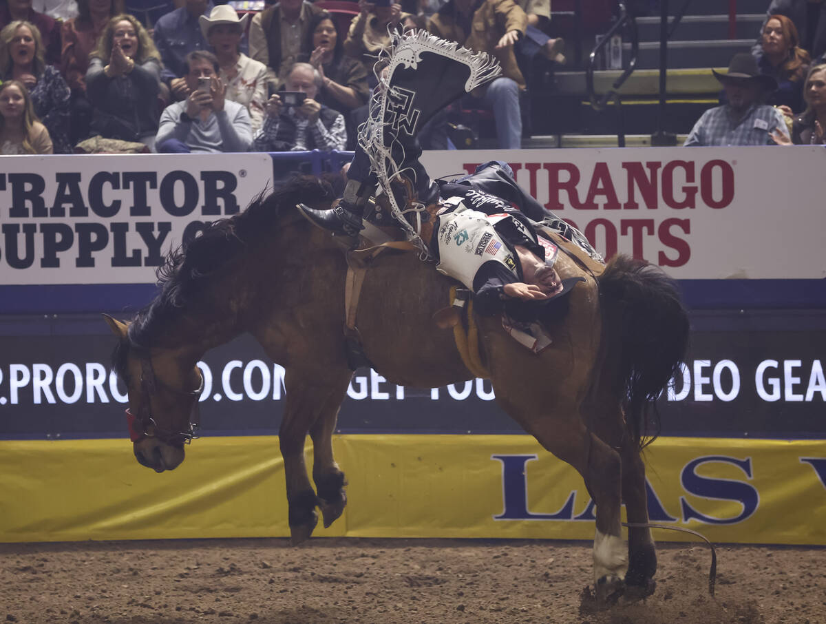 Mason Clements rides Priefert’s Dusty Roads while competing in bareback riding during th ...