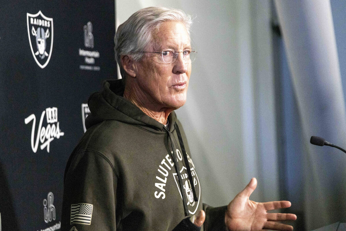 Raiders head coach Pete Carroll speaks to media before the team’s practice at the Interm ...