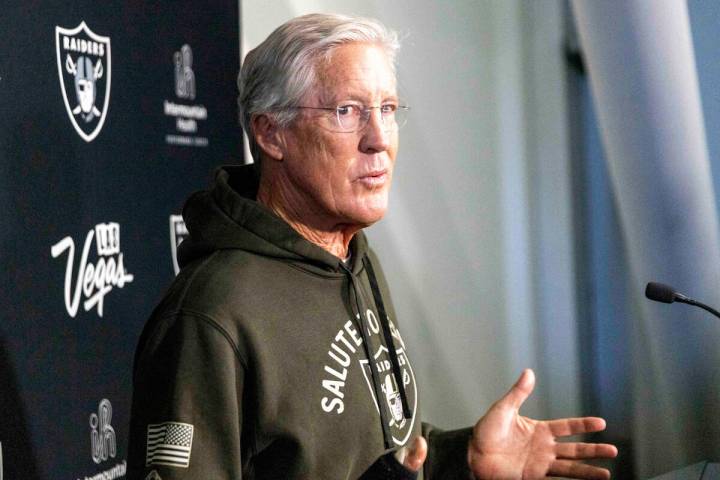 Raiders head coach Pete Carroll speaks to media before the team’s practice at the Interm ...