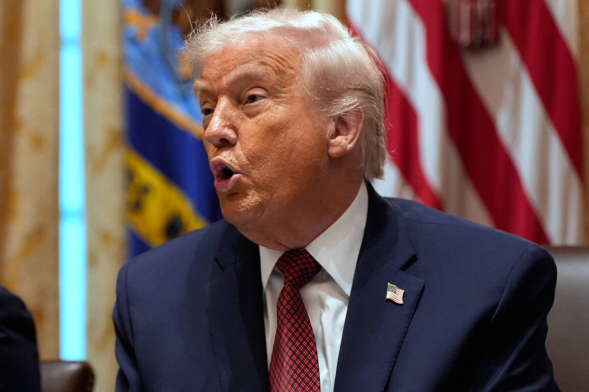 President Donald Trump speaks during a roundtable on farm subsidies in the Cabinet Room of the ...