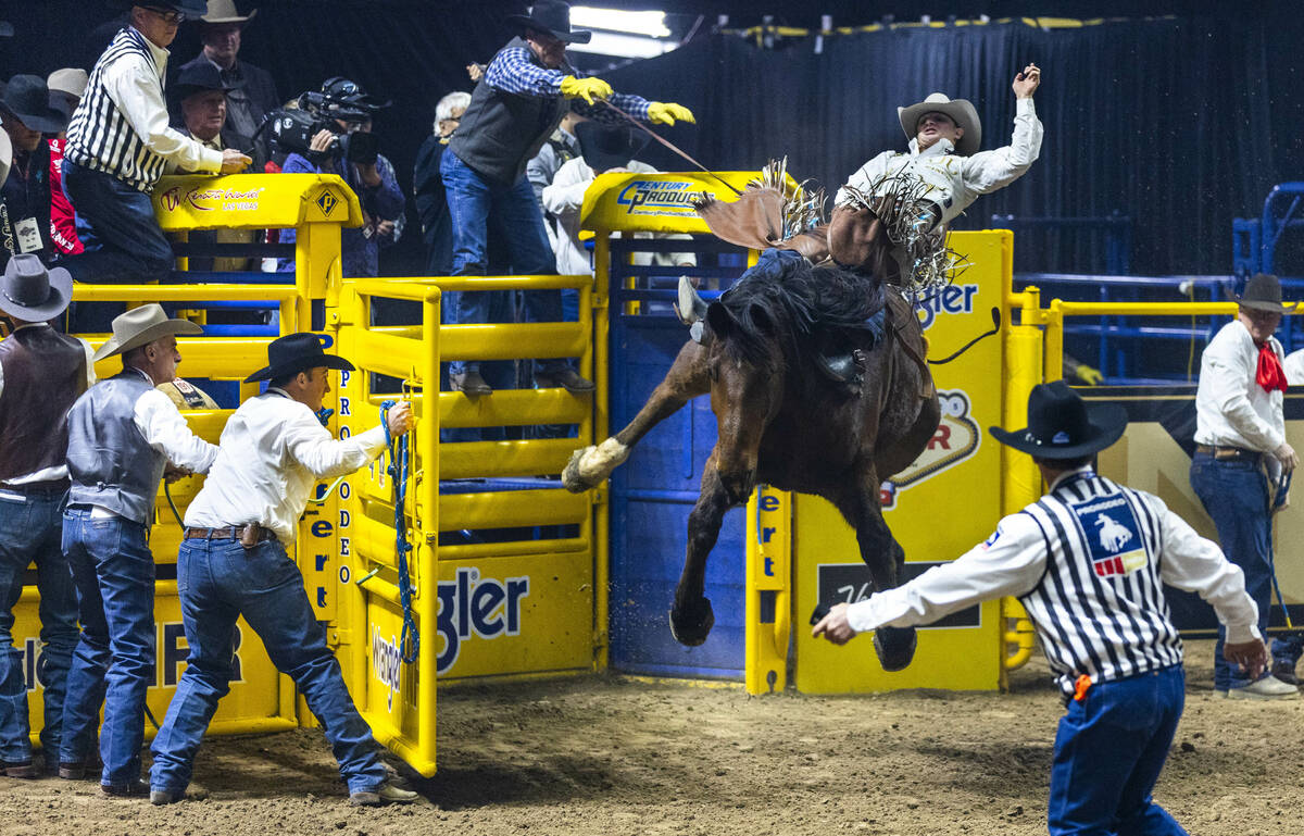 Cooper Cooke rides No Whiskey's Redlicious Meats to a win in Bareback Riding during the 9t ...