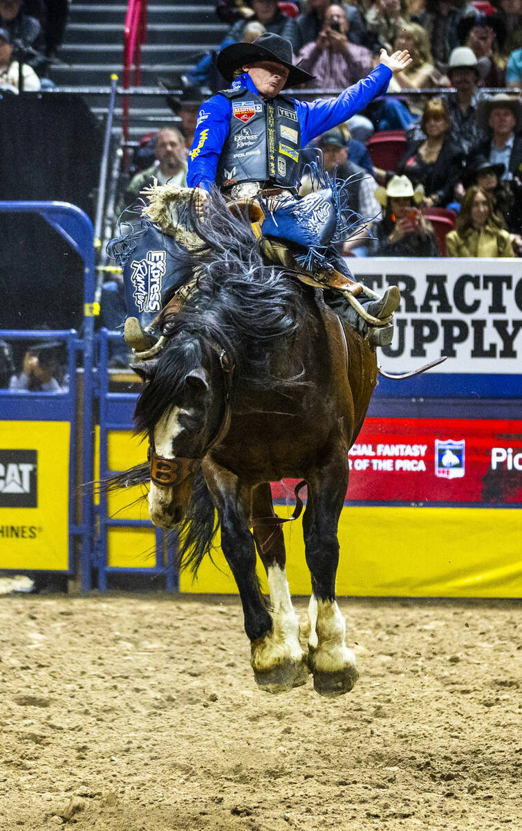 Ryder Wright rides Indian Burn in Saddle Bronc Riding during the 9th go-round of National Final ...