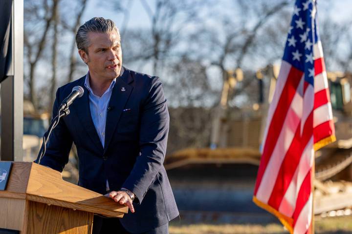 Defense Secretary Pete Hegseth speaks during the unveiling of the sign for the site of U.S. Spa ...