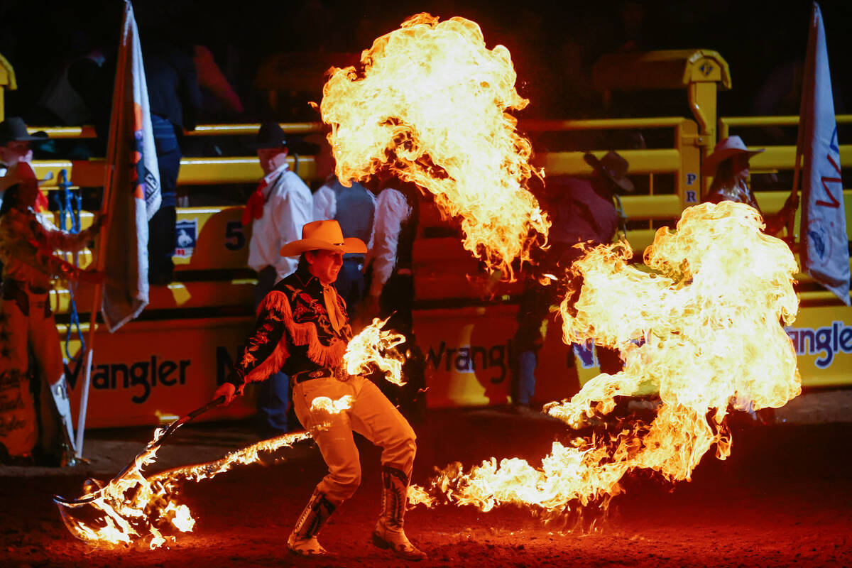 Rider Kiesner performs in the 10th go-round of the National Finals Rodeo on Saturday, Dec. 13, ...
