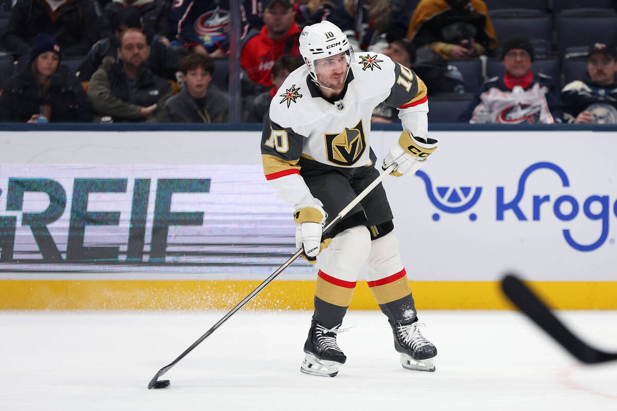 Vegas Golden Knights center Colton Sissons (10) controls the puck during the second period of a ...