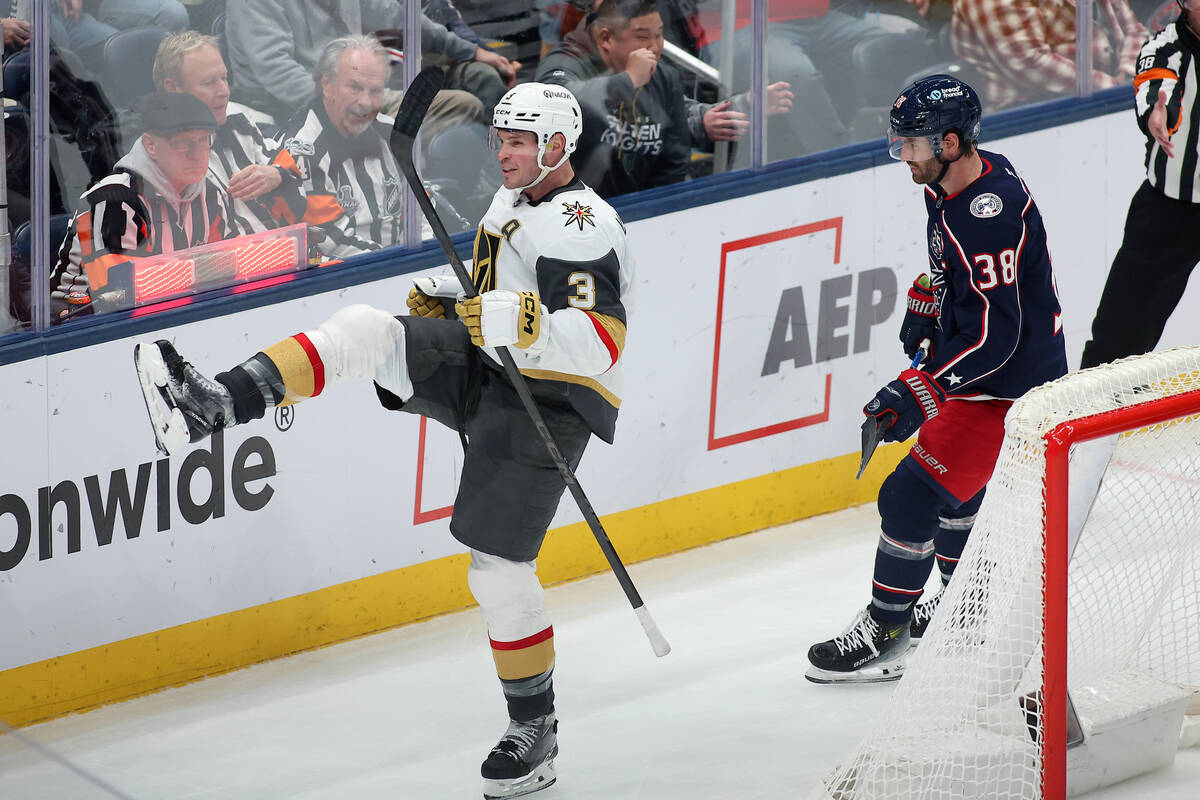 Vegas Golden Knights defenseman Brayden McNabb (3) celebrates his game winning goal during the ...