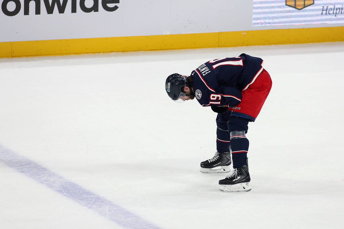 Columbus Blue Jackets center Adam Fantilli (19) leaves with a serious injury during the third p ...