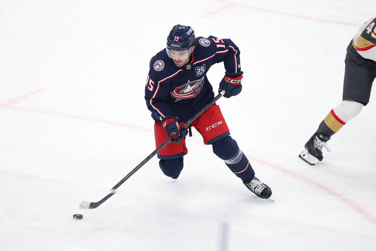Columbus Blue Jackets defenseman Dante Fabbro (15) gains control of the puck during the third p ...