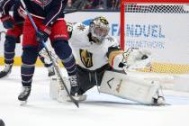 Vegas Golden Knights goaltender Carter Hart (79) saves the puck during the first period of an N ...