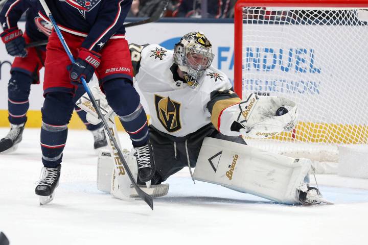 Vegas Golden Knights goaltender Carter Hart (79) saves the puck during the first period of an N ...