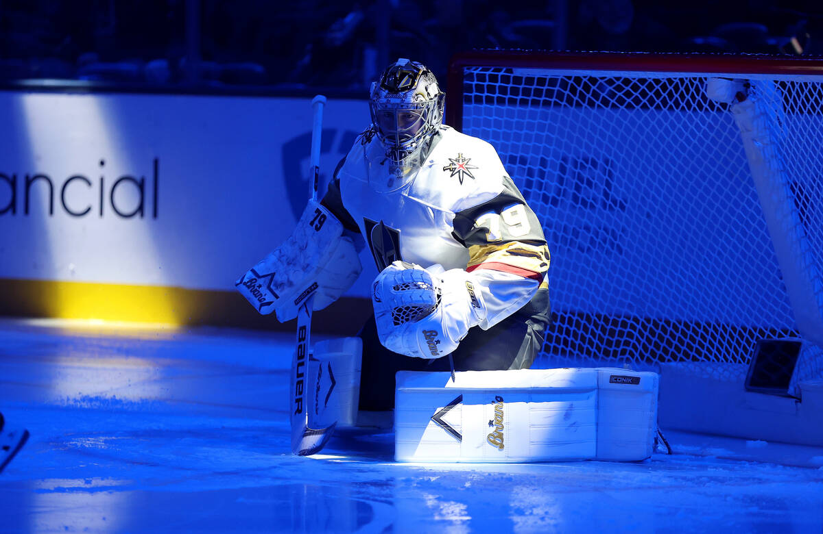 Vegas Golden Knights goaltender Carter Hart (79) looks on before the start of an NHL hockey gam ...