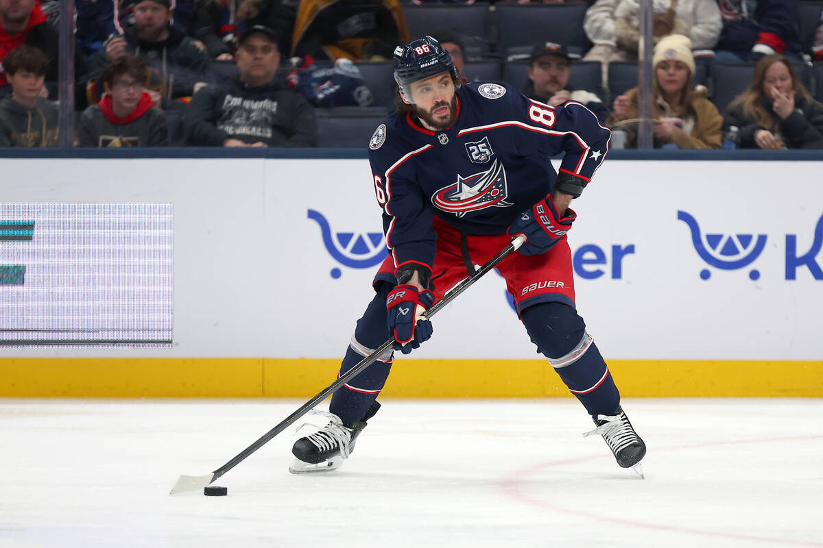 Columbus Blue Jackets right wing Kirill Marchenko (86) looks to pass during the first period of ...