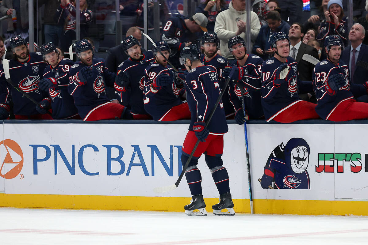 Columbus Blue Jackets center Charlie Coyle (3) celebrates his goal with teammates during the fi ...
