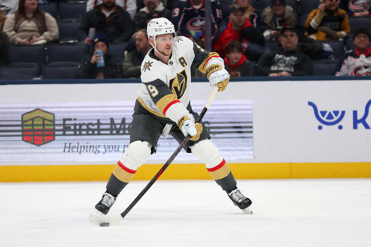 Vegas Golden Knights center Jack Eichel (9) shoots the puck during the second period of an NHL ...