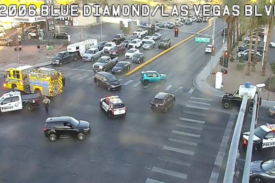 One person died after a motorcycle collided with a truck at Las Vegas Boulevard and Blue Diamon ...