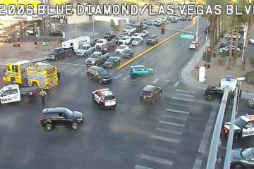 One person died after a motorcycle collided with a truck at Las Vegas Boulevard and Blue Diamon ...