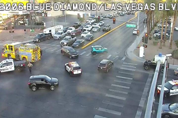 One person died after a motorcycle collided with a truck at Las Vegas Boulevard and Blue Diamon ...