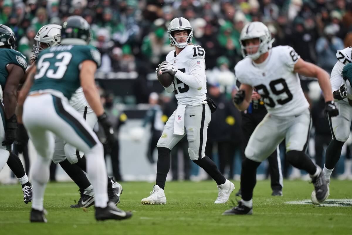 Las Vegas Raiders quarterback Kenny Pickett (15) looks to pass during the first half of an NFL ...