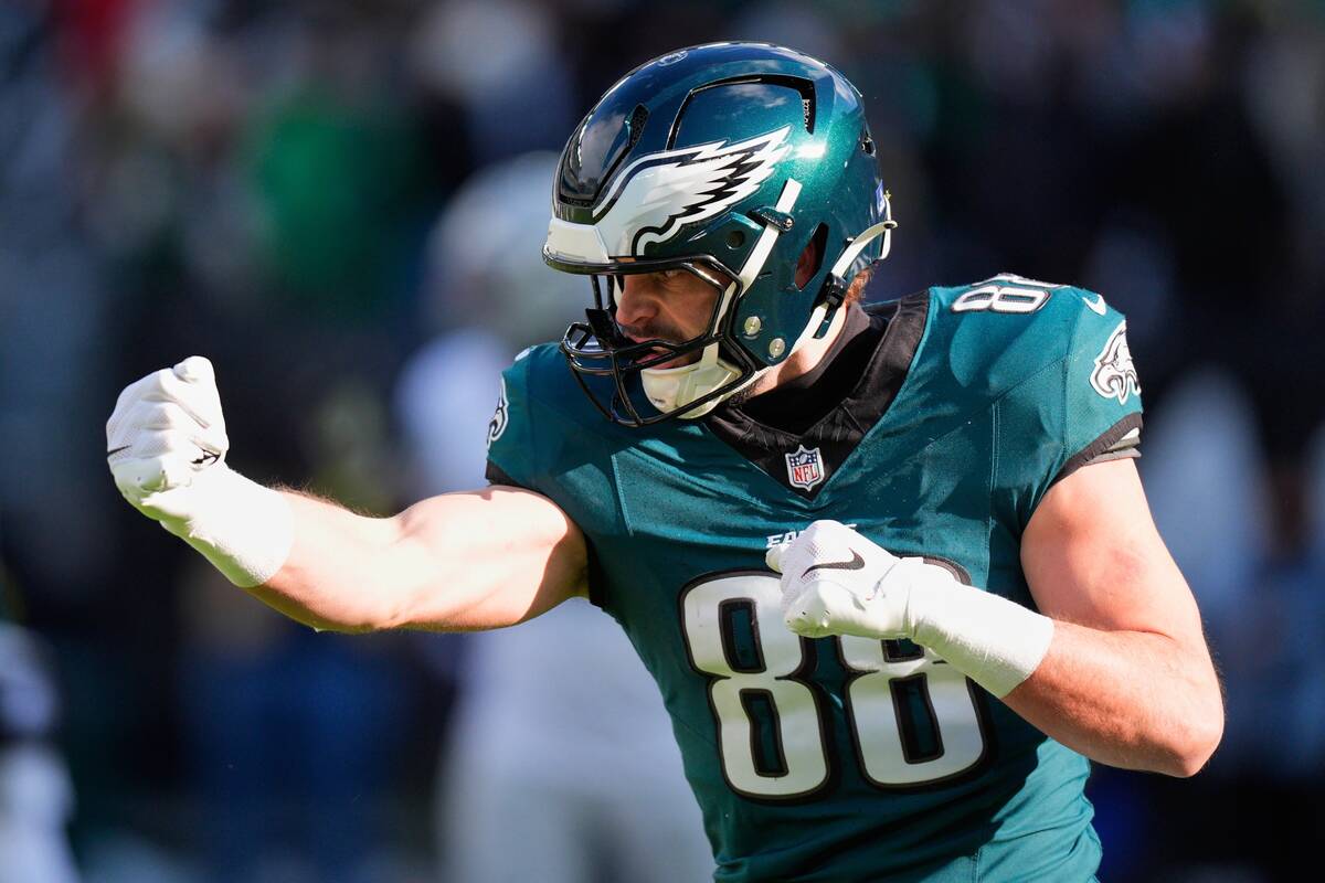 Philadelphia Eagles tight end Dallas Goedert (88) reacts to scoring a touchdown during the firs ...