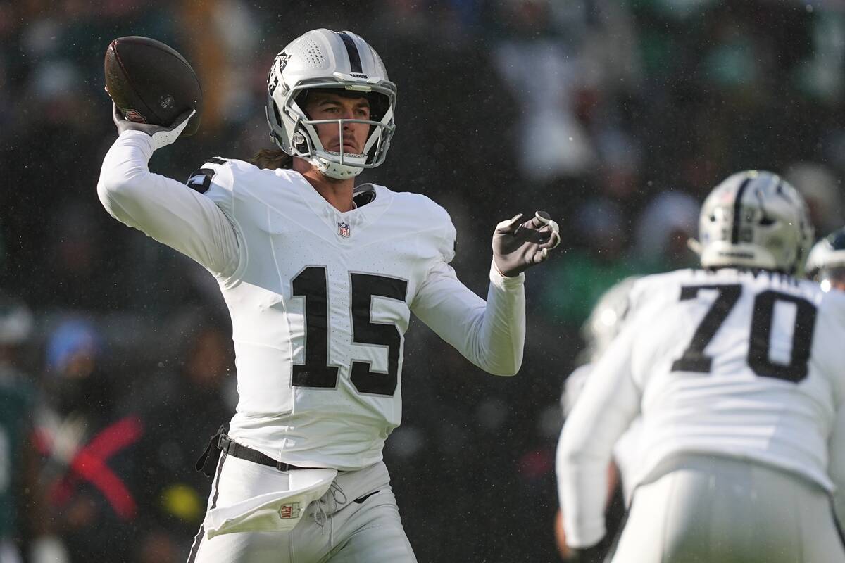 Las Vegas Raiders quarterback Kenny Pickett (15) throws during the first half of an NFL footbal ...