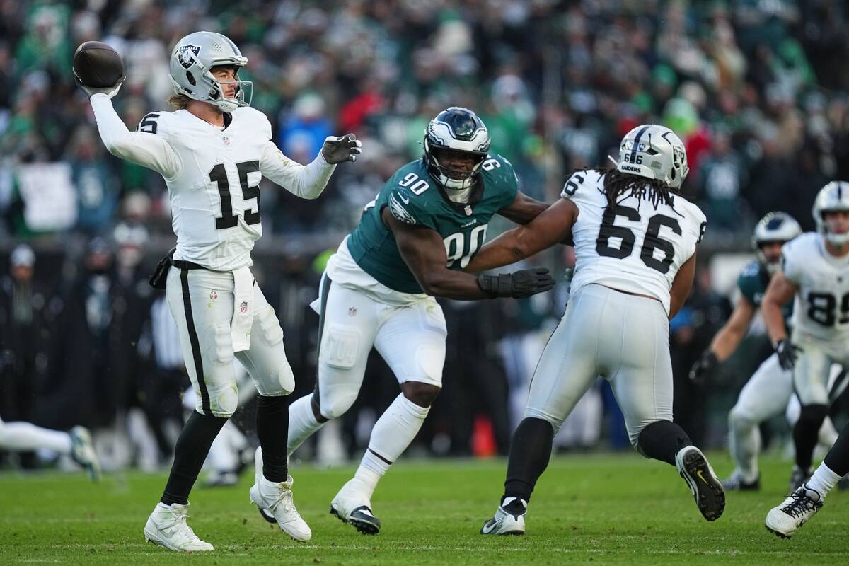 Las Vegas Raiders quarterback Kenny Pickett (15) passes during the second half of an NFL footba ...